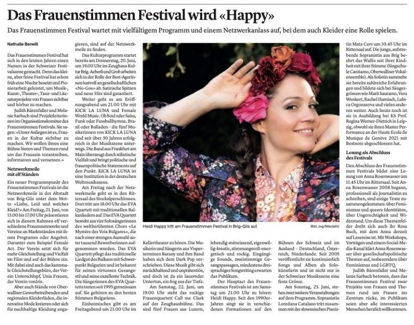 Zeitungsausschnitt Walliser Bote 2024: «Das Frauenstimmen Festival wird «Happy»»