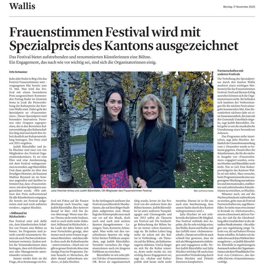 Zeitungsausschnitt Walliser Bote 2025: «Frauenstimmen Festival wird mit Spezialpreis des Kantons ausgezeichnet»
