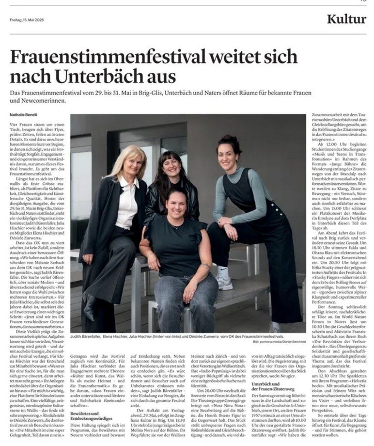 Zeitungsausschnitt Walliser Bote 2026: «Frauenstimmenfestival weitet sich nach Unterbäch aus»
